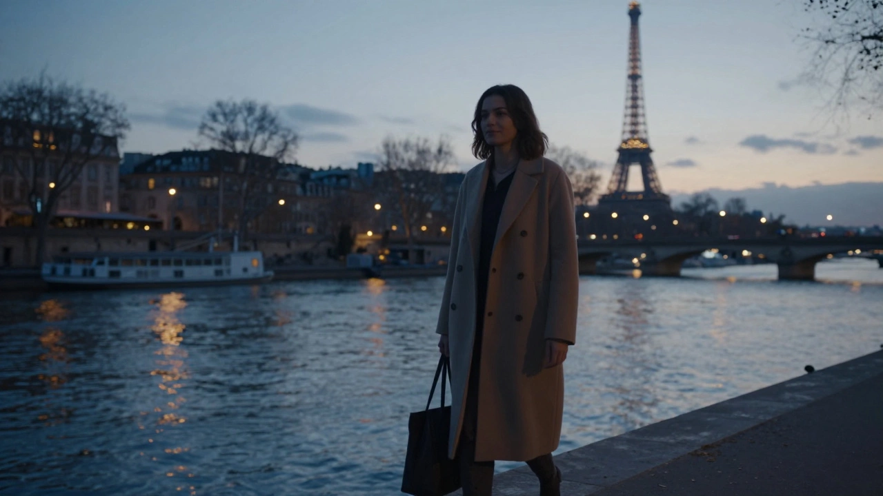 A woman walking peacefully along the Seine at dusk with the Eiffel Tower in the distance.