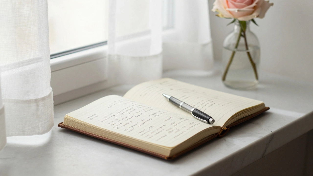 An open journal with handwritten notes on a windowsill, a rose beside it in soft morning light.